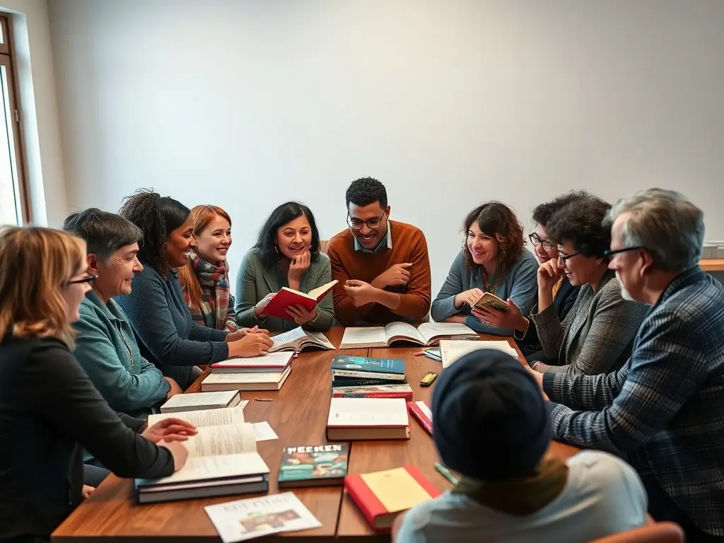 A photograph of adults participating in a book club discussion at Rendez-Vous Lecture, sharing insights and perspectives on a selected novel.